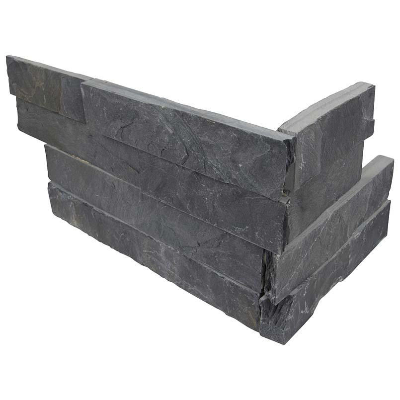 Flat view of Premium Black Slate Stacked Stone Corner in split face finish, 6x12x6