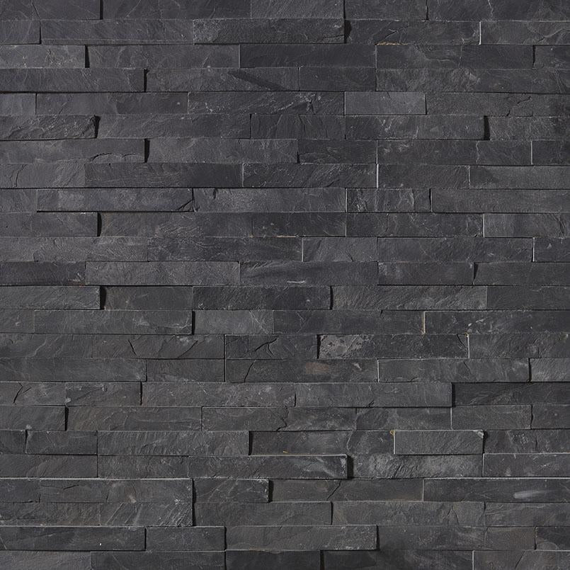 Flat lay of Premium Black slate stacked stone panel showing rich dark tones