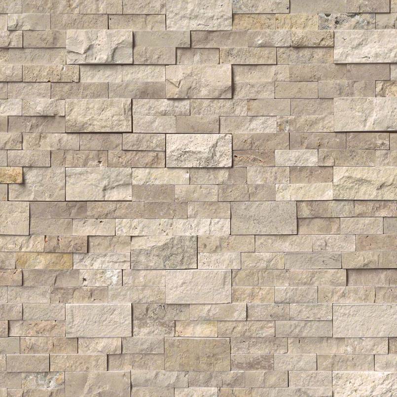 Flat lay of Roman Beige travertine stacked stone panel showing soft beige and gold tones