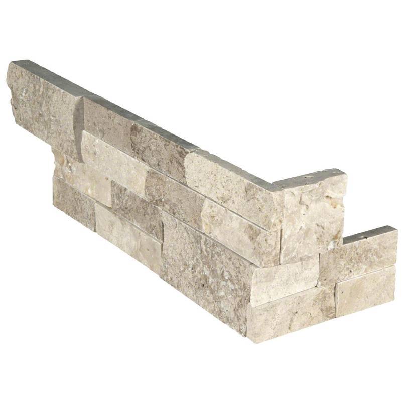 Flat view of Roman Beige Travertine Stacked Stone Corner in split face finish, 6x18x6