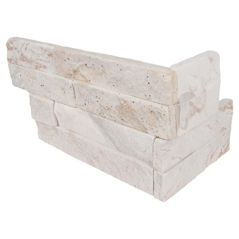 Flat view of Royal White Quartzite Stacked Stone Corner in split face finish, 6x12x6