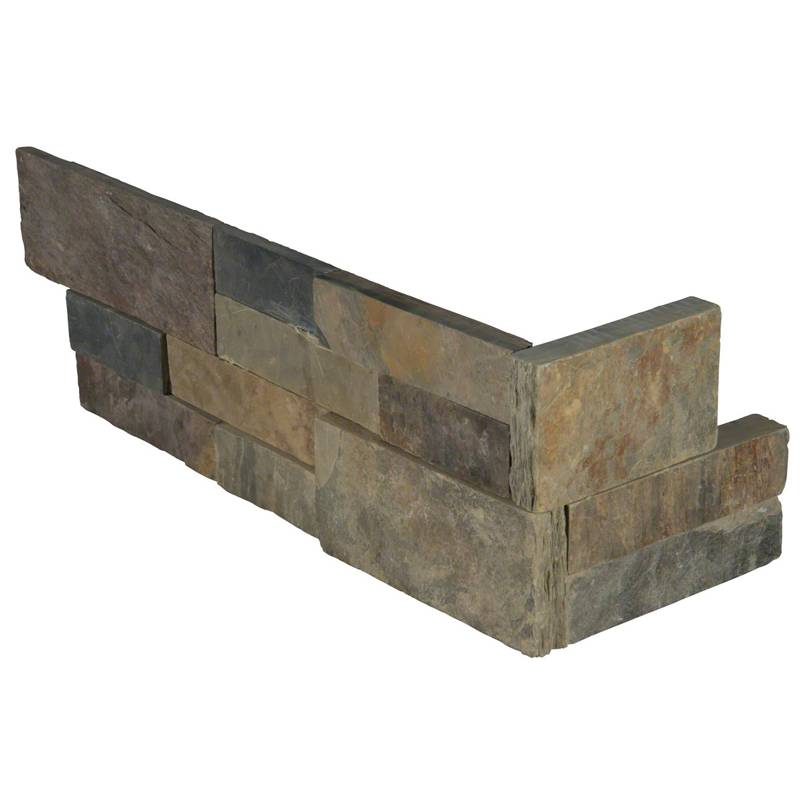 Flat view of Rustic Gold Slate Stacked Stone Corner in split face finish, 6x18x6