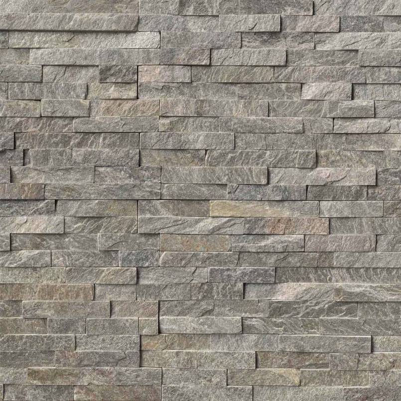 Flat lay of Sage Green quartzite stacked stone panel with split face texture