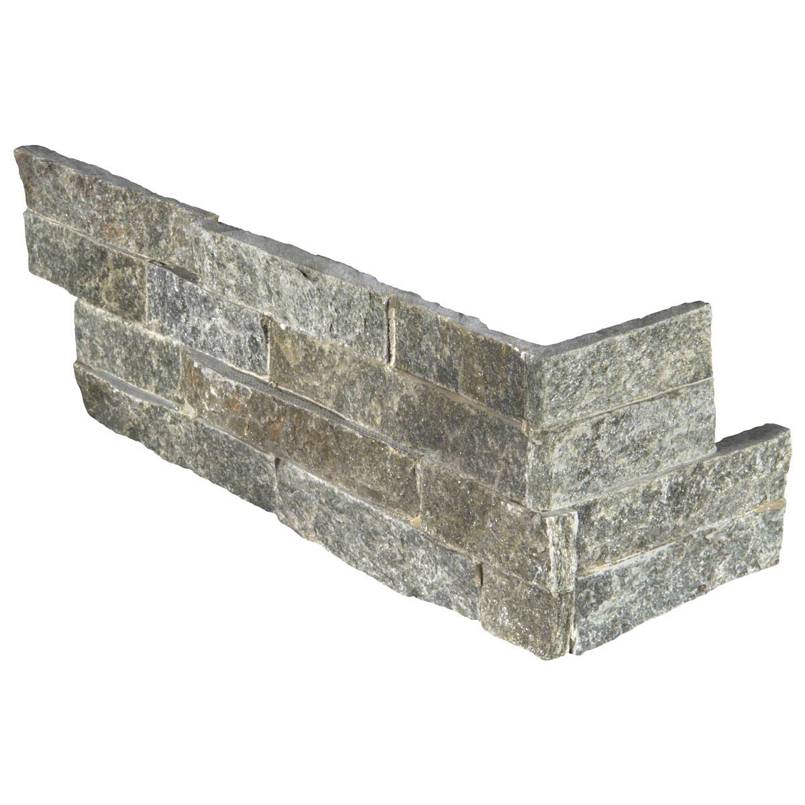 Flat view of Sage Green Quartzite Stacked Stone Corner in split face finish, 6x18x6