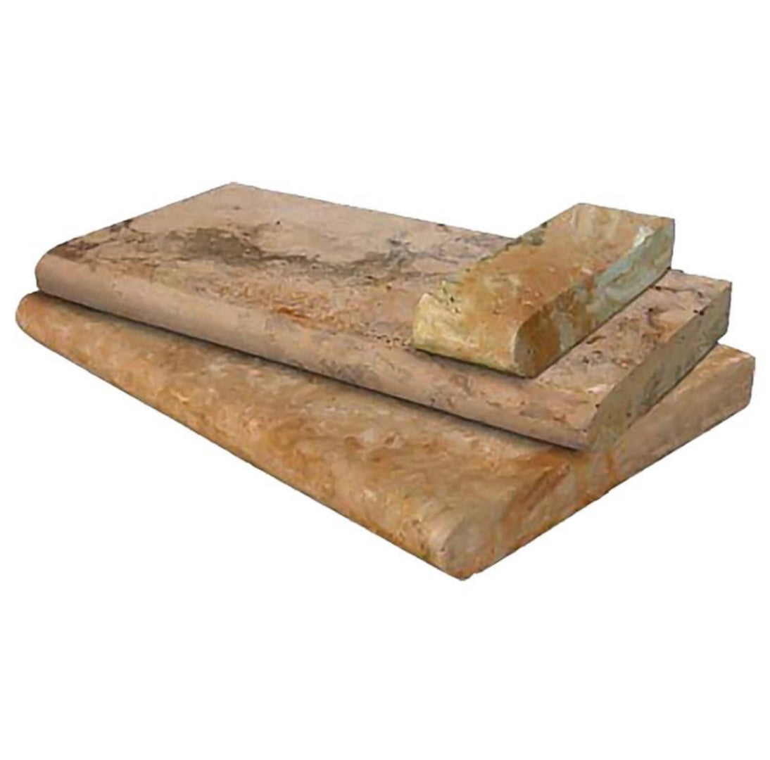 Close-up of Scabas Travertine showing rich color variation and bullnose detail