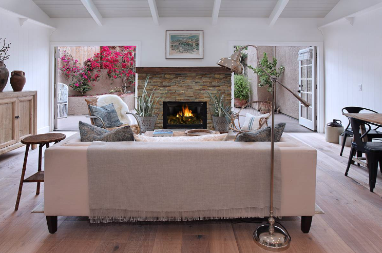 Scabas Travertine stacked stone panels installed on a fireplace wall 