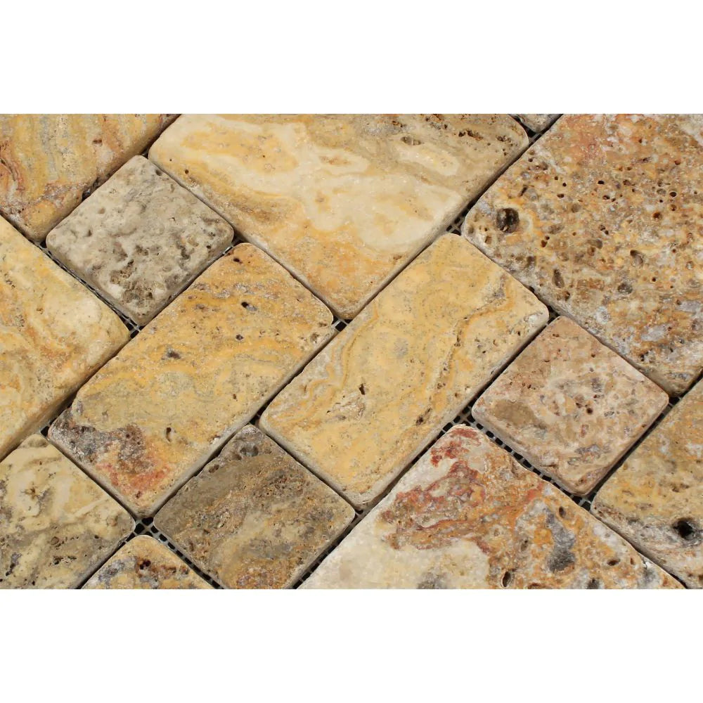 close up tumbled scabos mosaic tile