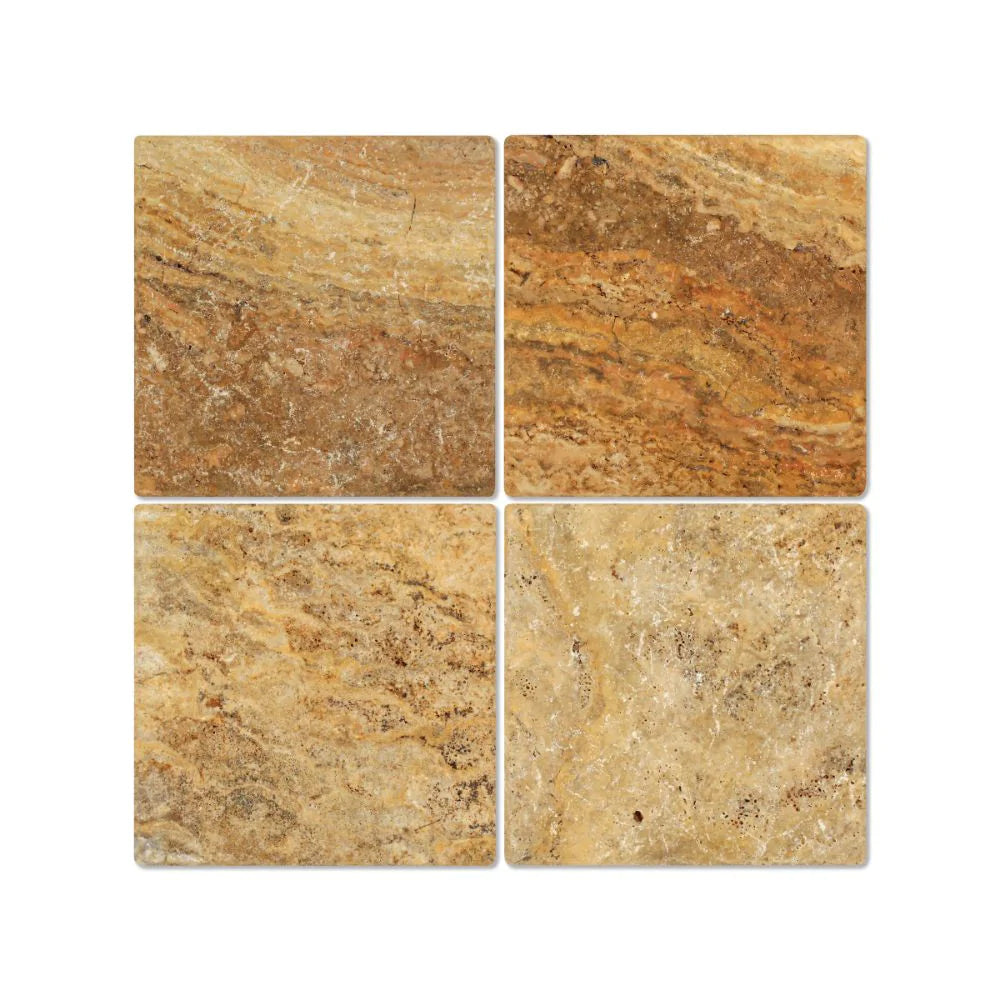 Flat view of Scabos Travertine 18x18 tile in honed & filled finish, bold earth tones
