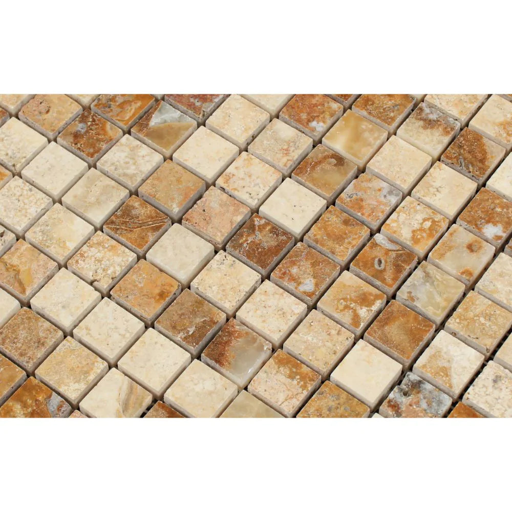 Close-up of polished 1x1 travertine tiles showing Scabos color mix