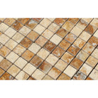 Close-up of polished 1x1 travertine tiles showing Scabos color mix