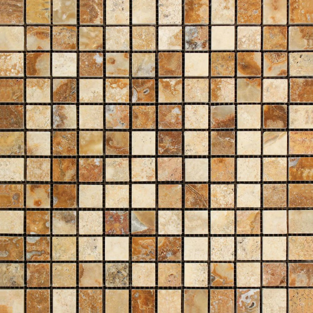 Scabos Travertine 1x1 Polished Mosaic in 12x12 mesh sheet layout