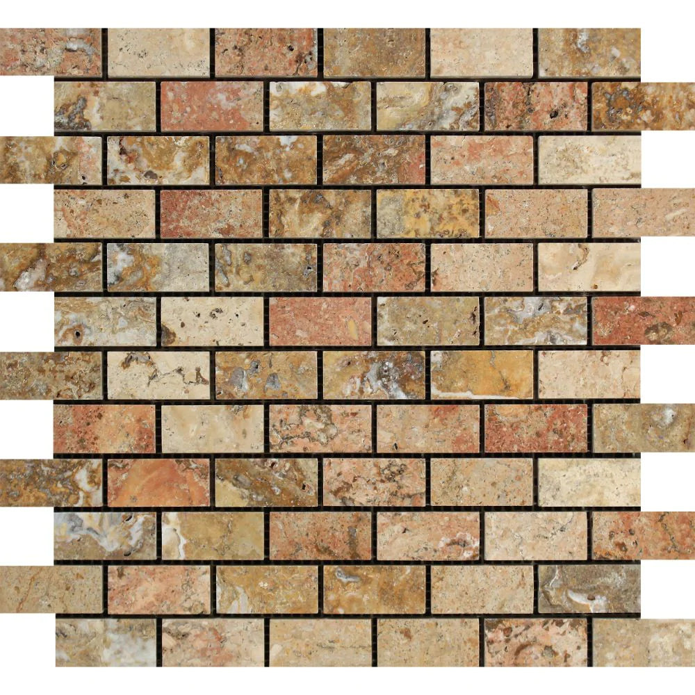 Scabos Travertine 1x2 Polished Mosaic in 12x12 sheet, top view