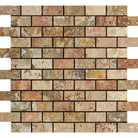Scabos Travertine 1x2 Polished Mosaic in 12x12 sheet, top view