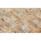 Detail view of 1x2 split face Scabos Travertine showing red, gold, and cream tones
