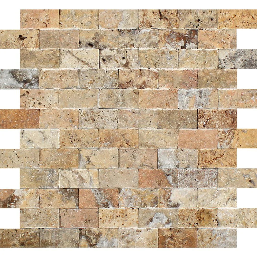 Flat mesh sheet of Scabos Travertine 1x2 split face mosaic tile