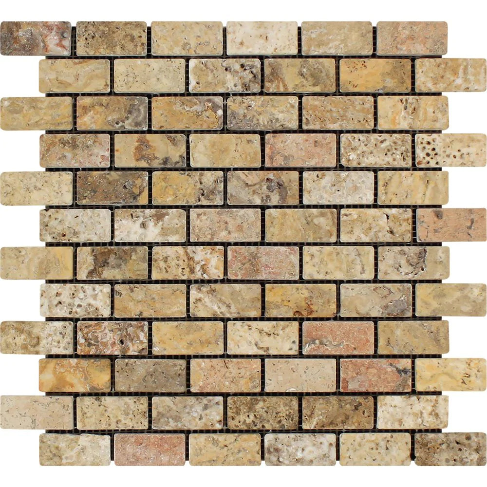 Scabos Travertine 1x2 tumbled mosaic sheet with rich earth tones