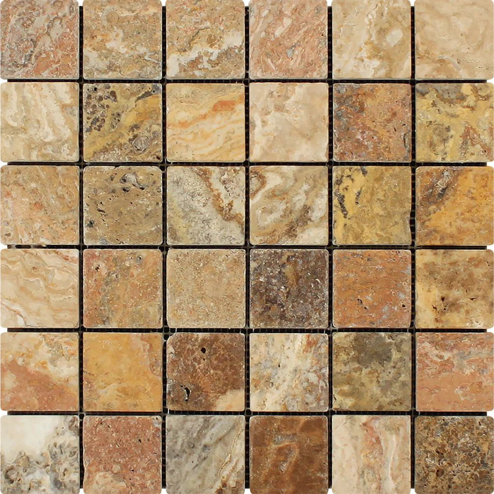 Mesh sheet of Scabos Travertine 2x2” mosaic tile with tumbled finish