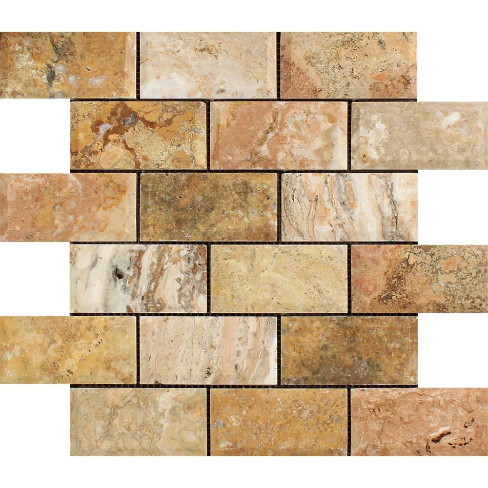 Scabos Travertine 2x4 Deep Bevelled Mosaic sheet with natural warm tones