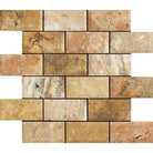 Scabos Travertine 2x4 Deep Bevelled Mosaic sheet with natural warm tones
