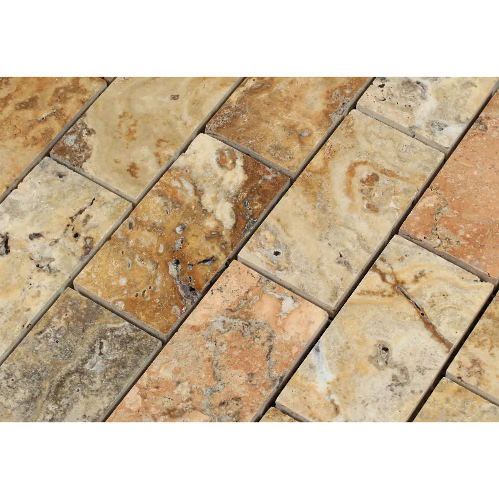 Close-up of polished 2x4 Scabos travertine tiles showing color and shine