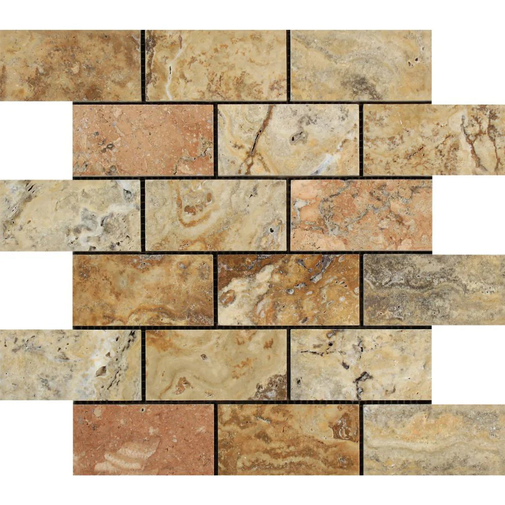Top view of Scabos Travertine 2x4 Polished Mosaic in 12x12 mesh sheet