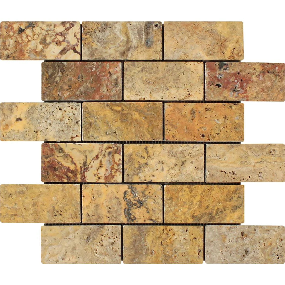 Scabos Travertine 2x4 Tumbled Mosaic Sheet