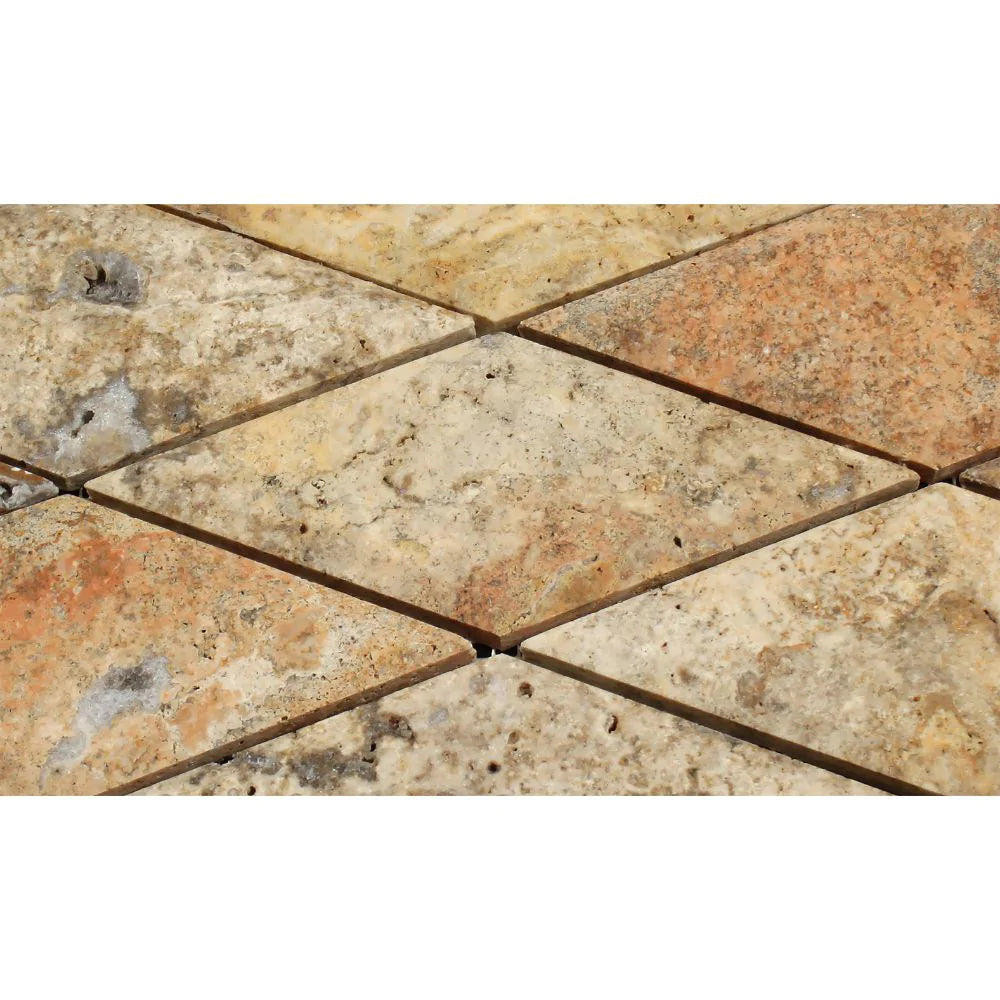 Close-up of honed deep bevelled 3x6 diamond Scabos tiles