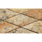 Close-up of honed deep bevelled 3x6 diamond Scabos tiles