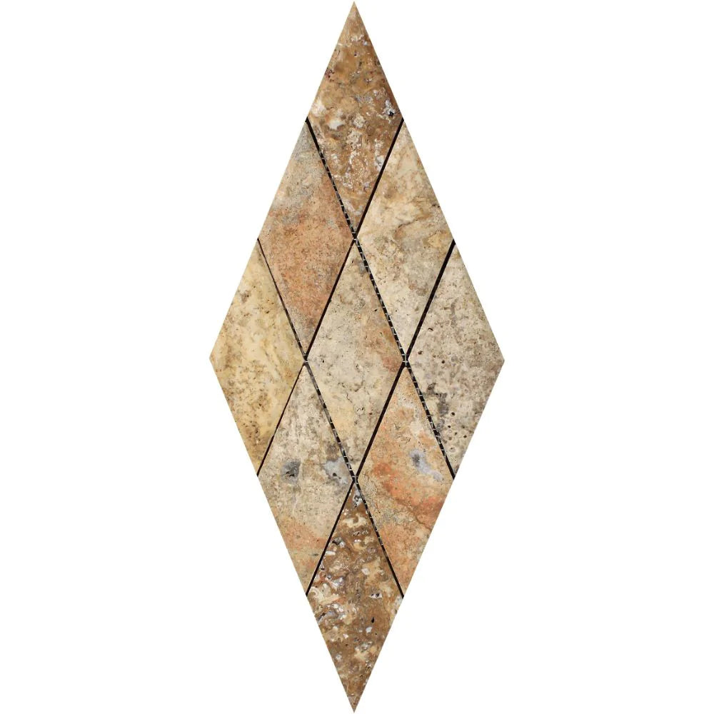 Scabos Travertine 3x6 Diamond Deep Bevelled Mosaic in mesh layout