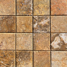 Flat view of Scabos Travertine 4x4 tile with honed unfilled surface and rounded edge