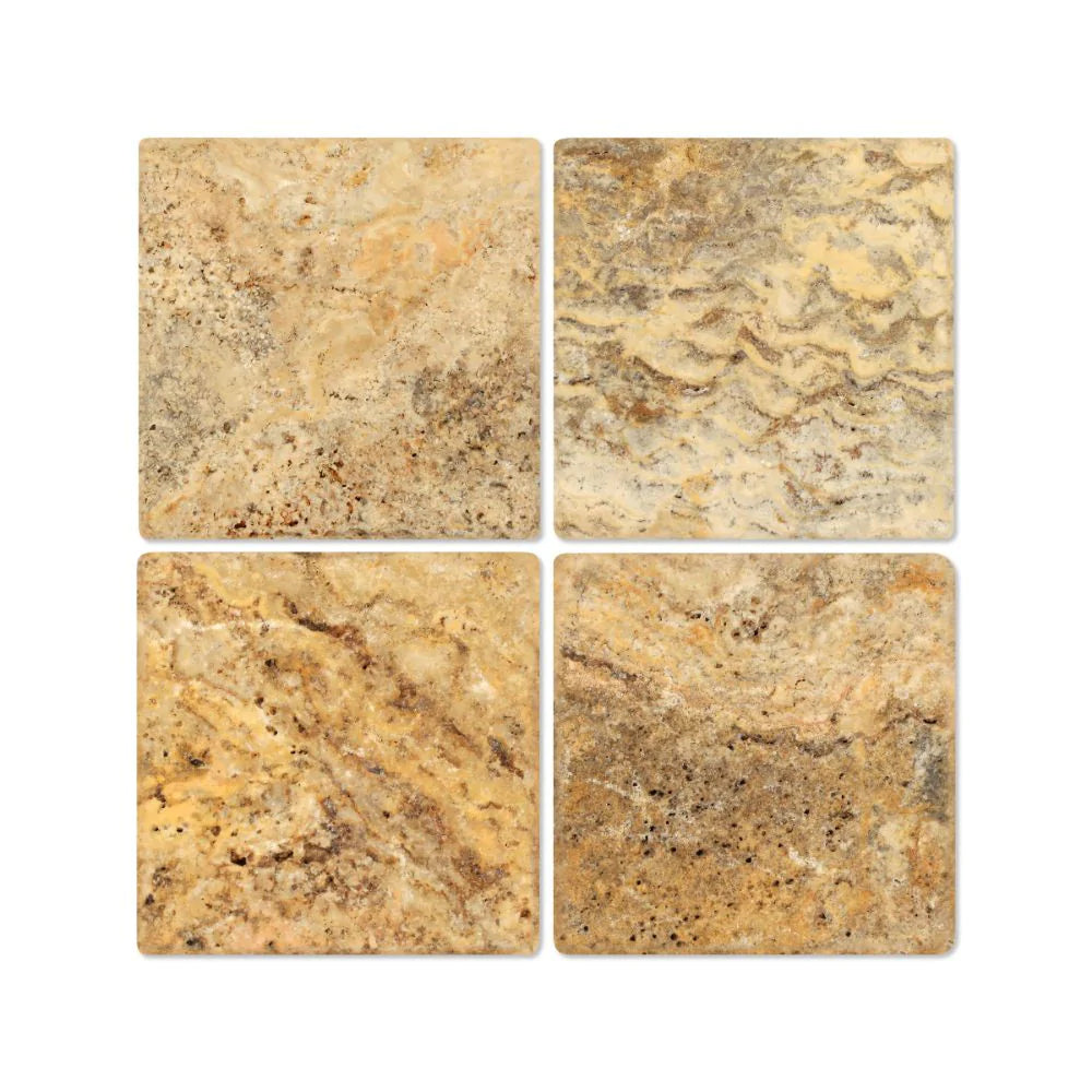 Flat view of Scabos Travertine 6x6 Tumbled Tile showing earthy color variation