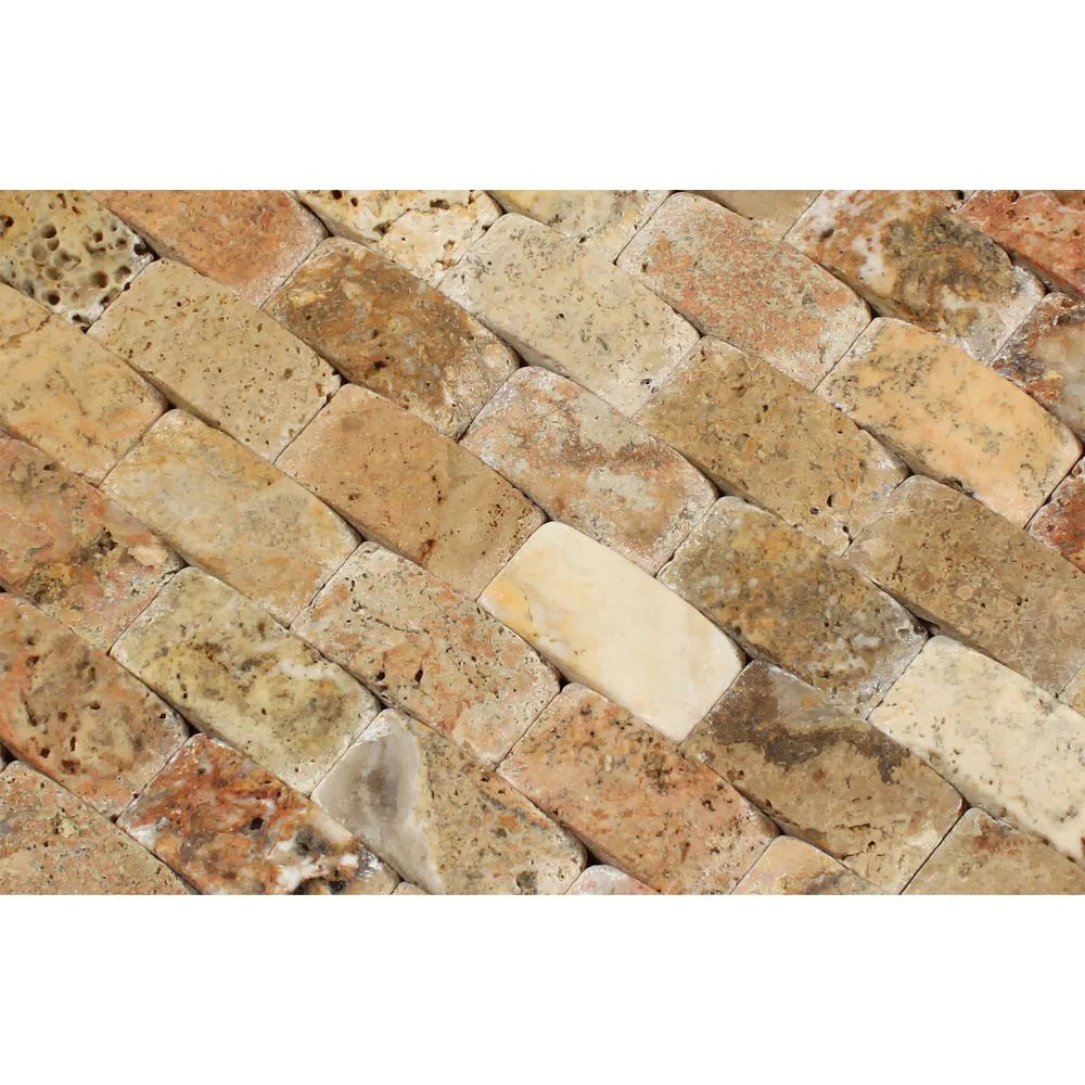 Detailed view of 1x2 CNC arched Scabos mosaic with tumbled texture