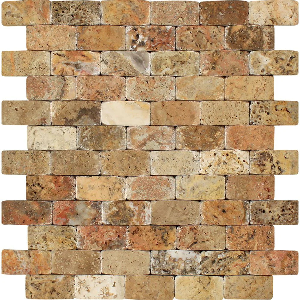 Scabos Travertine CNC Arched 1x2 Mosaic sheet in tumbled finish