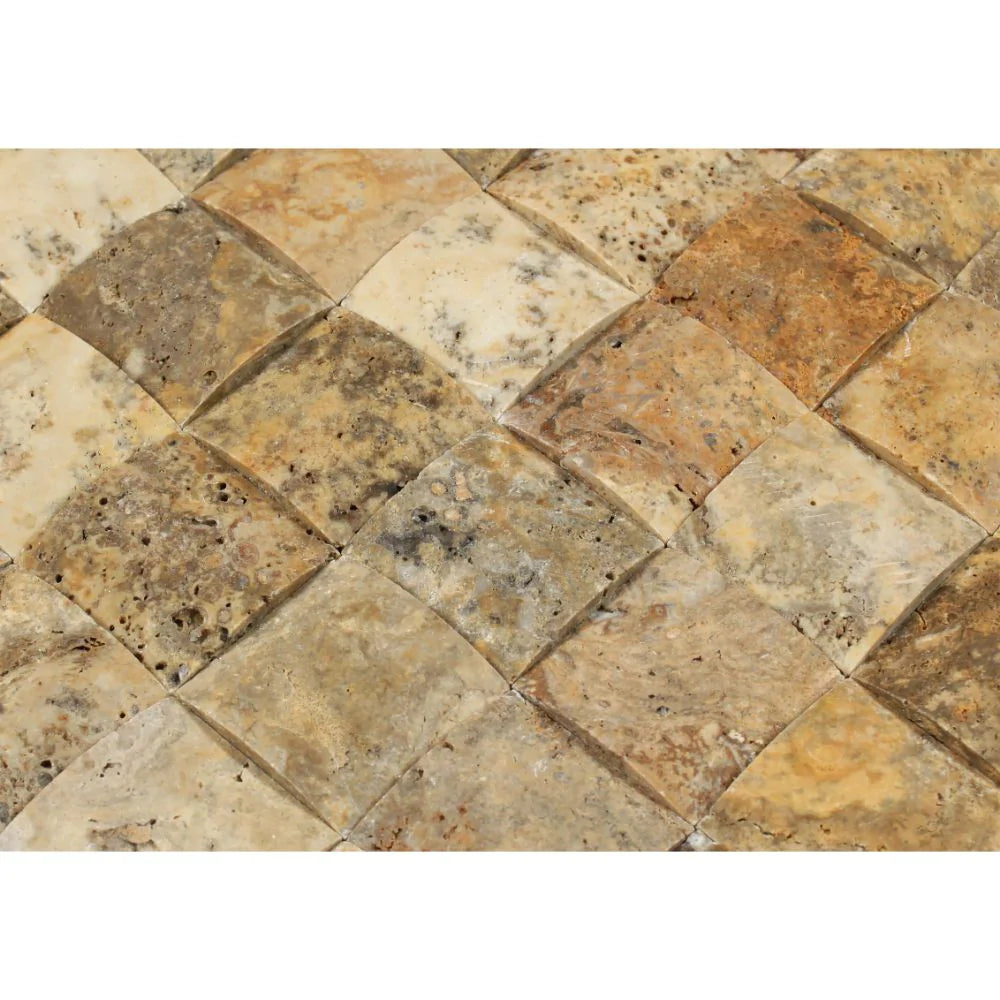 Detail view of CNC-arched edge on 2x2 Scabos travertine mosaic