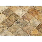 Detail view of CNC-arched edge on 2x2 Scabos travertine mosaic