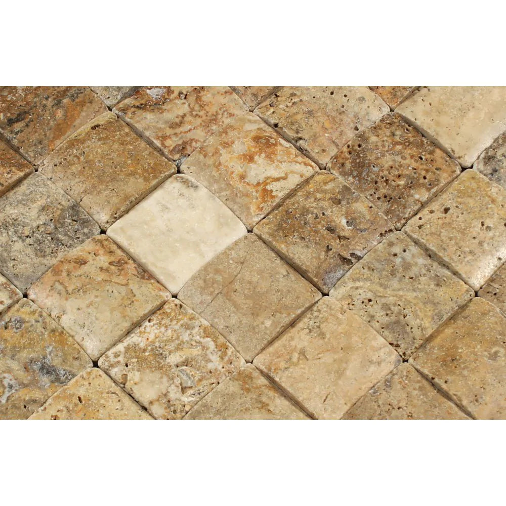 CNC arched and tumbled 2x2 Scabos travertine tile detail