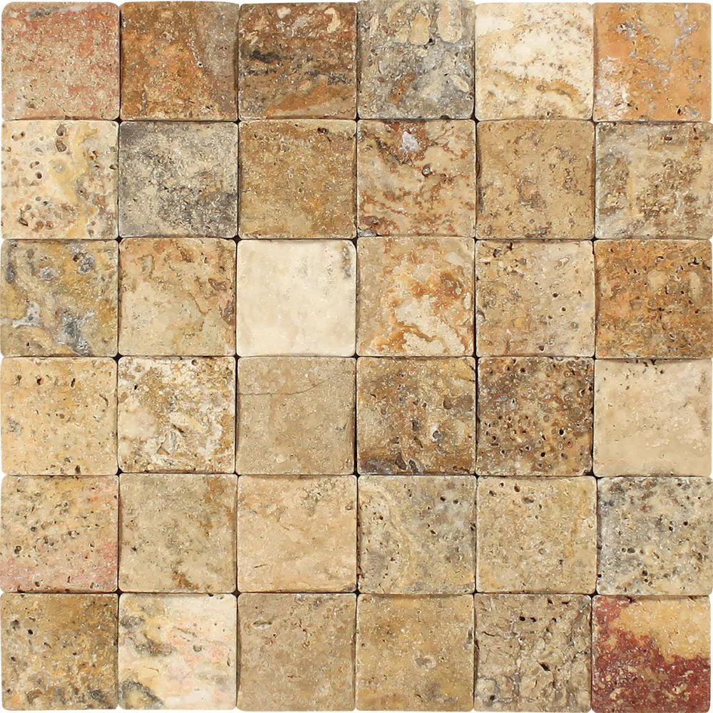 Scabos Travertine 2x2 CNC Arched Mosaic tumbled mesh sheet