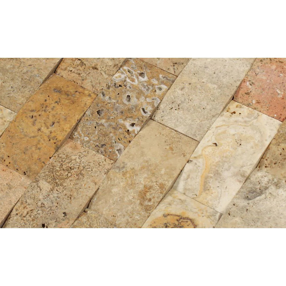Detailed view of 2x4 CNC-arched Scabos mosaic tile edge and finish