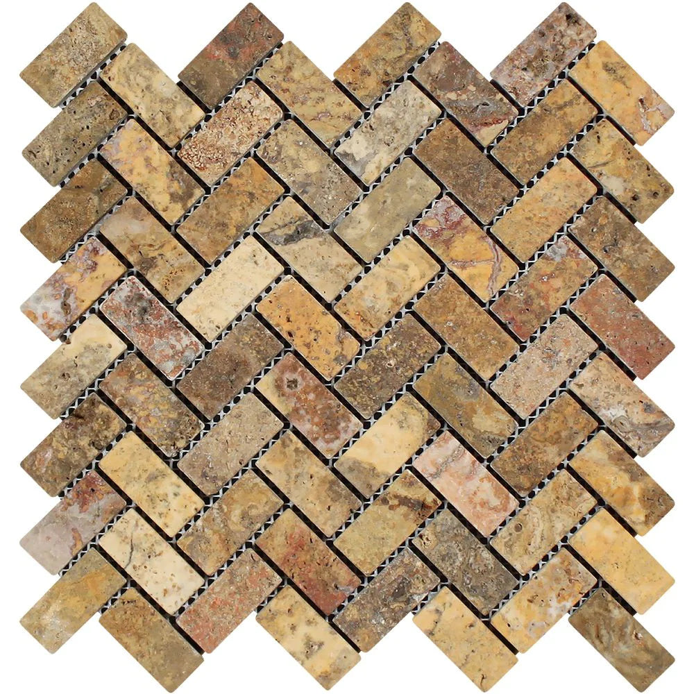 Scabos Herringbone Tumbled Travertine Mosaic 1x2