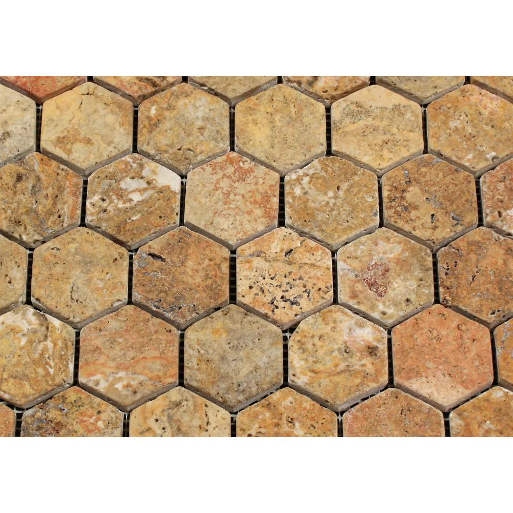 Close-up of hexagon tumbled Scabos Travertine tile texture