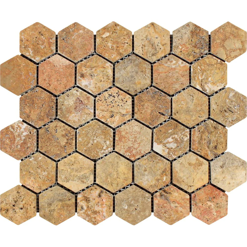 Scabos Travertine 2x2 Hexagon Mosaic sheet in tumbled finish