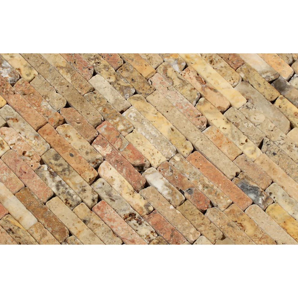 Natural texture of Scabos Travertine strip mosaic in tumbled finish