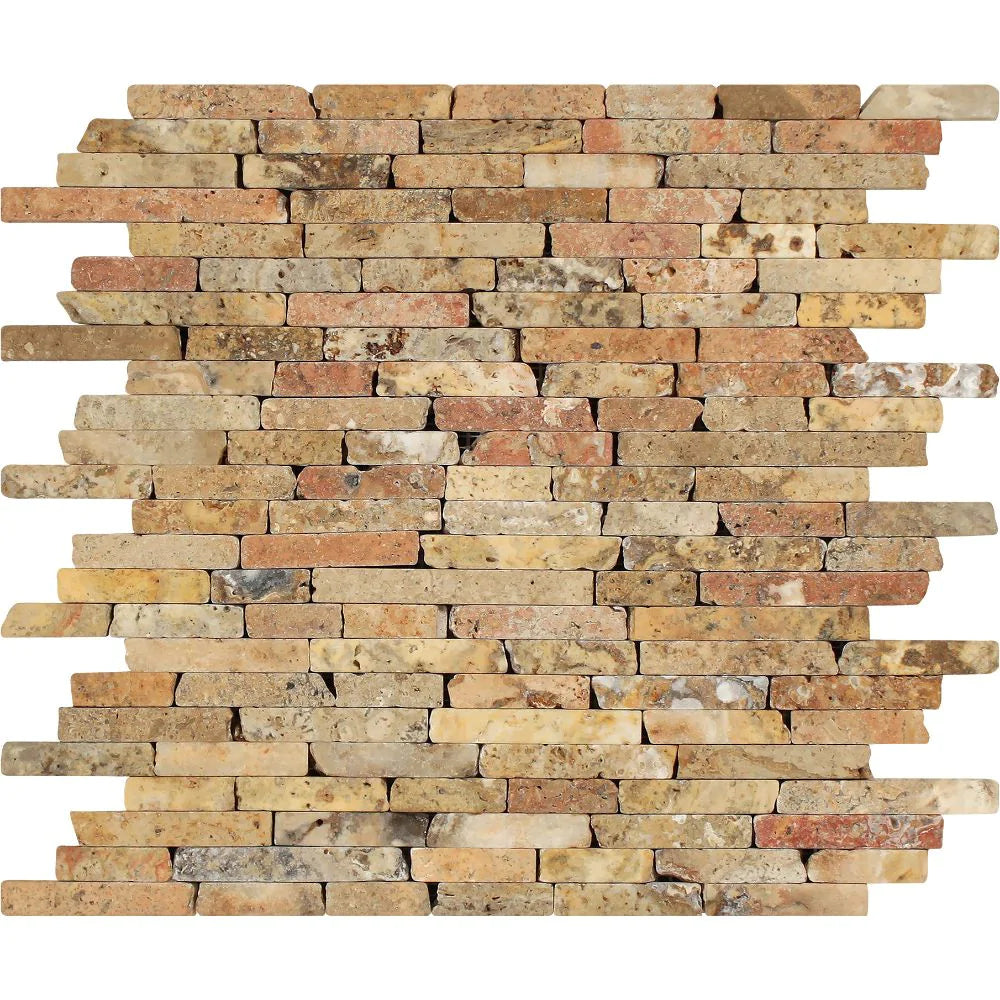 Scabos Travertine Random Strip Mosaic tile sheet in tumbled finish