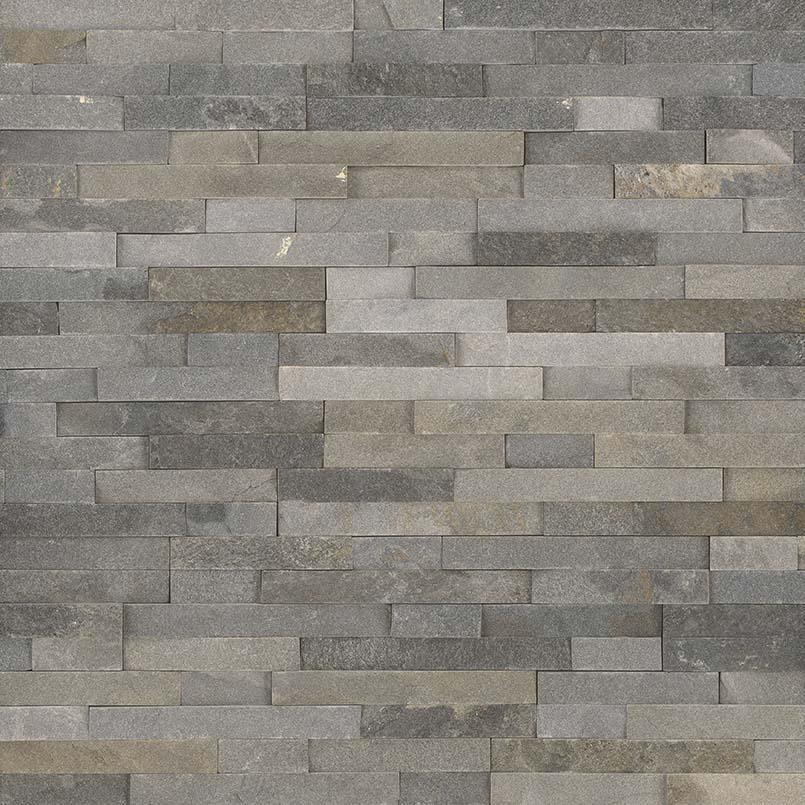 Flat lay of Sedona Grey quartzite stacked stone panel in split face texture
