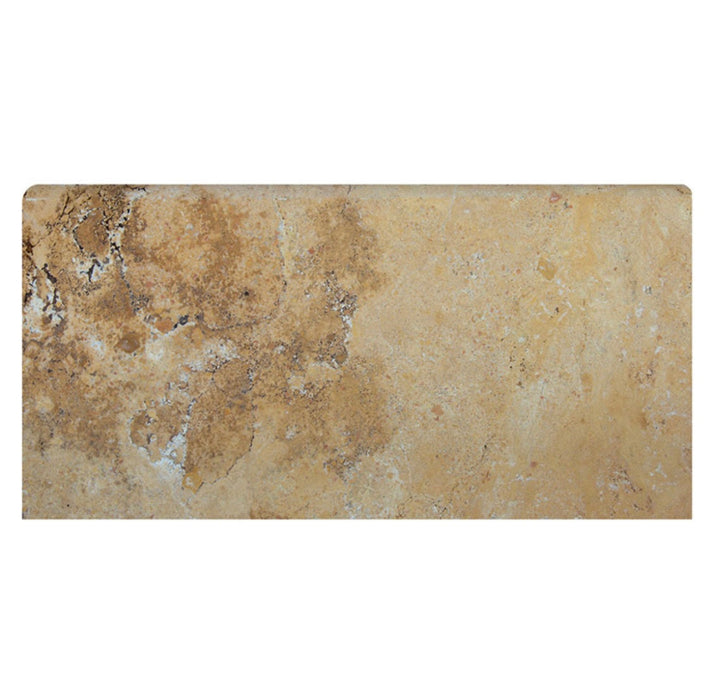 Close-up of Sienna Gold Travertine showing golden-beige tones and bullnose edge