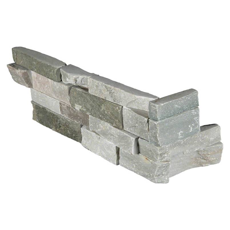 Flat view of Sierra Blue Quartzite Stacked Stone Corner in split face finish, 6x18x6