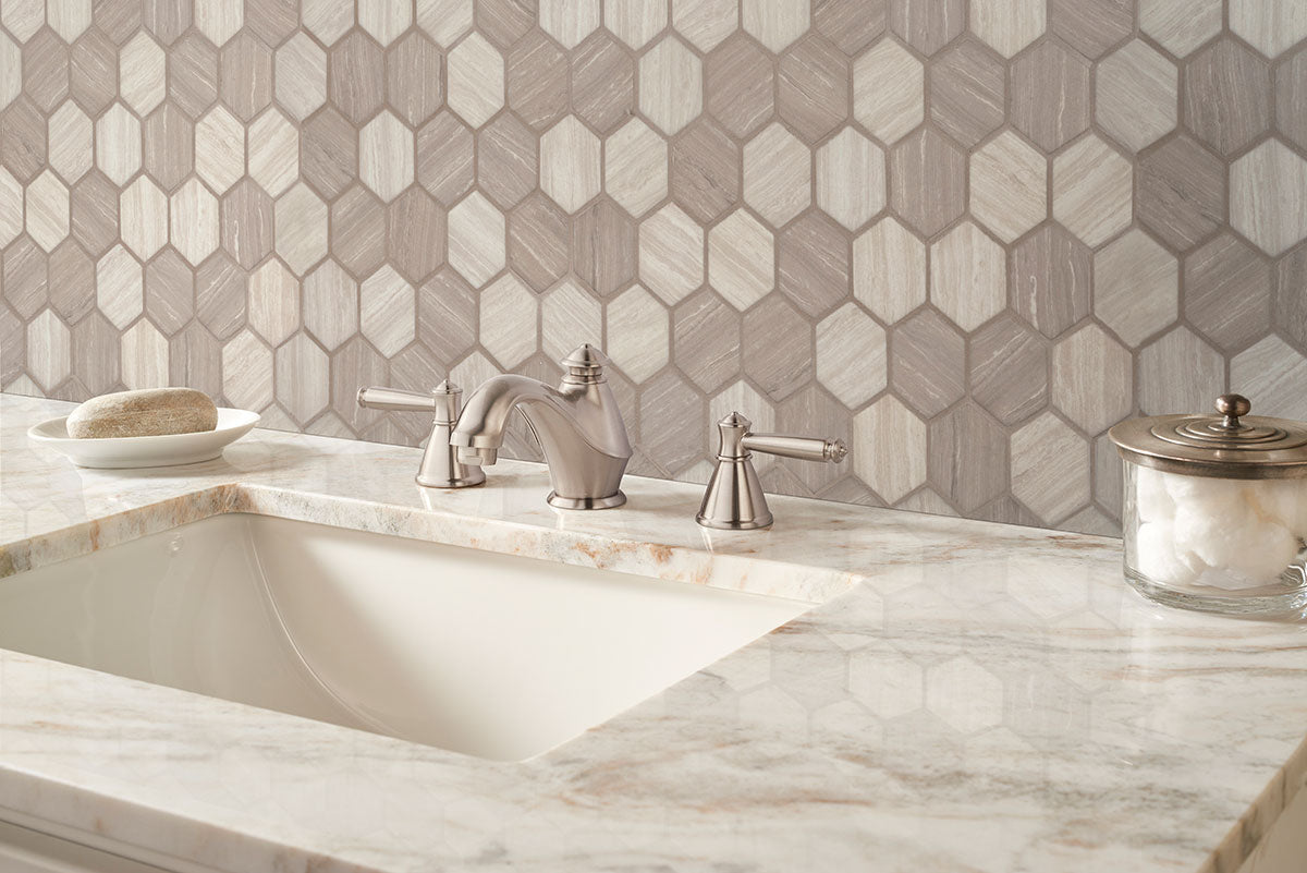 Close-up of Silva Oak Mosaic showing directional veining and 2-inch hex chips in matte finish