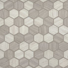 Flat view of Silva Oak Hexagon Mosaic in warm gray and cream woodgrain tones on recycled glass