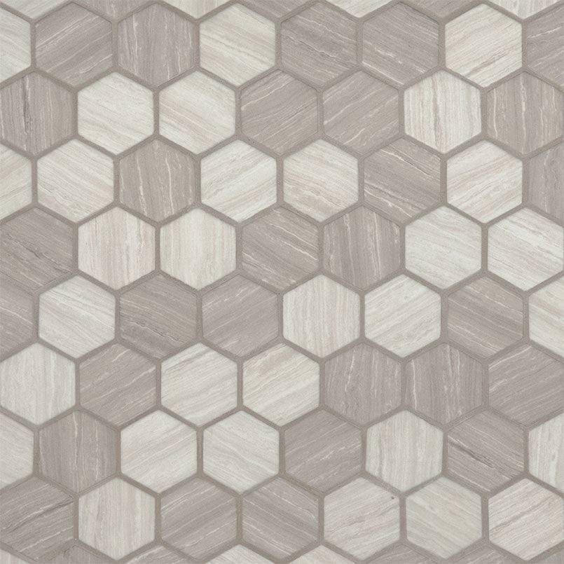 Flat view of Silva Oak Hexagon Mosaic in warm gray and cream woodgrain tones on recycled glass