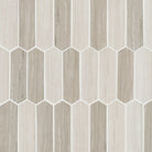Flat view of Silva Oak Picket Mosaic with soft gray and cream veining on recycled glass picket tiles